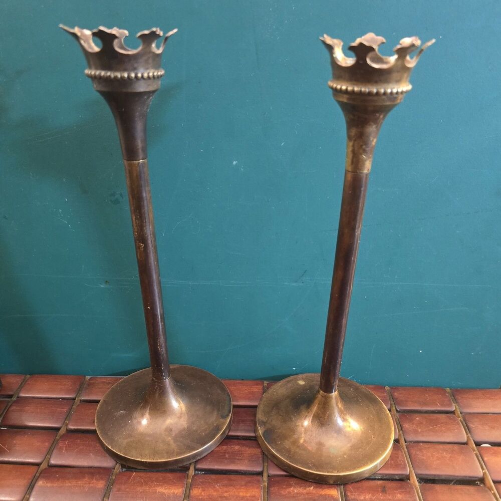Bronze Crown Candle Holder Pair Vintage Bombay Company 10" High 4" Diameter
